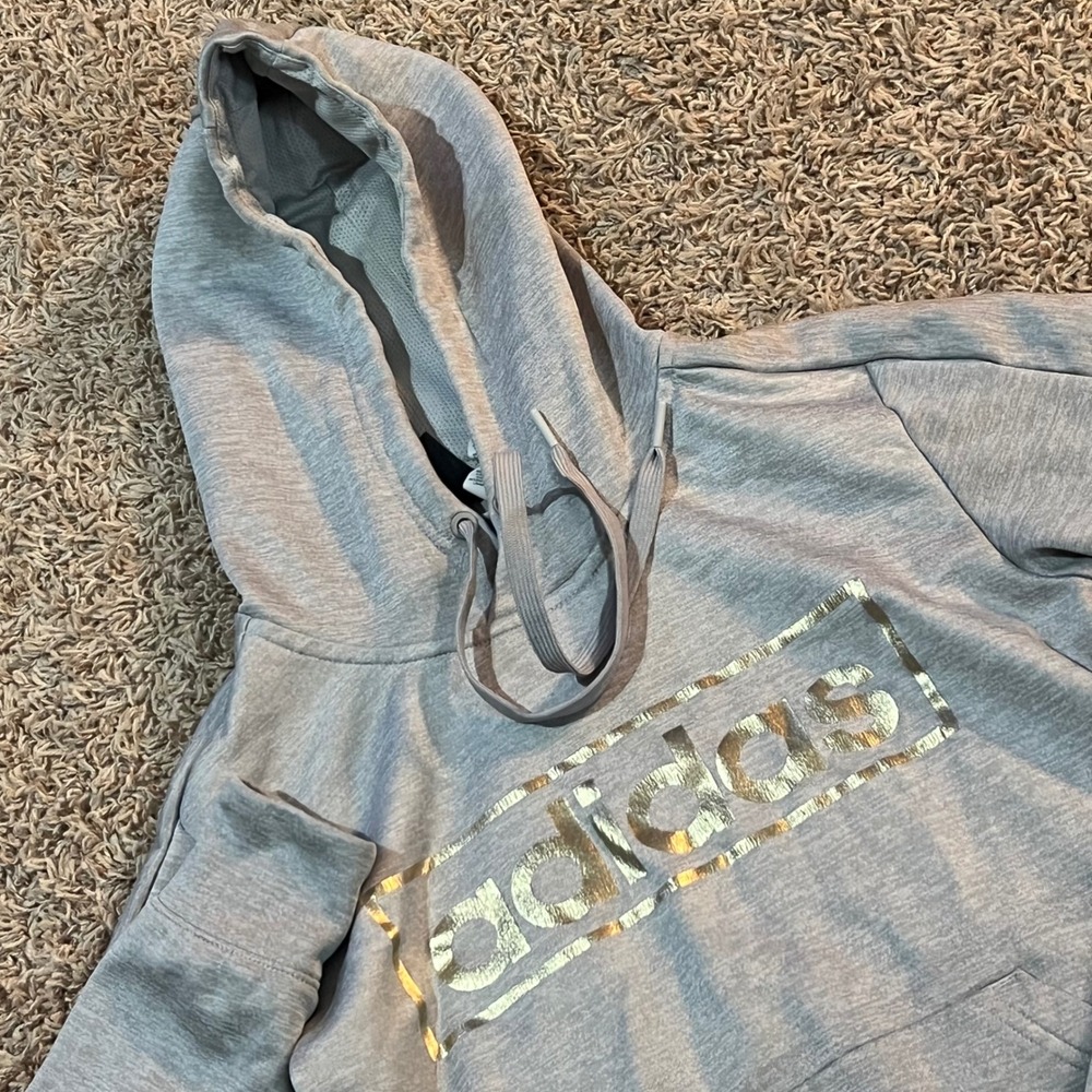 Adidas Gray Hoodie Gold Logo Climawarm Athletic Pullover Women's‎ XS